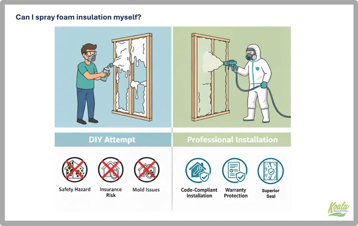 Graphic comparing DIY spray foam insulation and professional installation, showing risks like safety hazards, insurance issues, and mold versus benefits such as code-compliant installation, warranty protection, and a superior seal.
