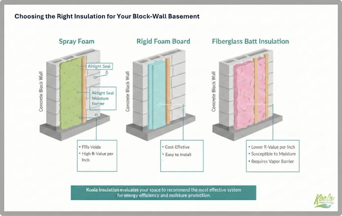 Comparison of spray foam, rigid foam board, and fiberglass batt insulation for concrete block-wall basements, showing moisture barrier and R-value differences.