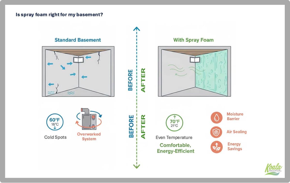 Infographic comparing a standard basement vs. one with spray foam, highlighting moisture barrier, air sealing, and energy savings.